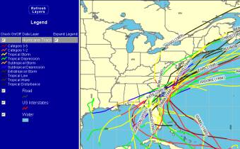 Zoomed thumbnail of Historical Hurricane Tracks Tools showing several tracks on a map predominately of the eastern United States and a corresponding map legend